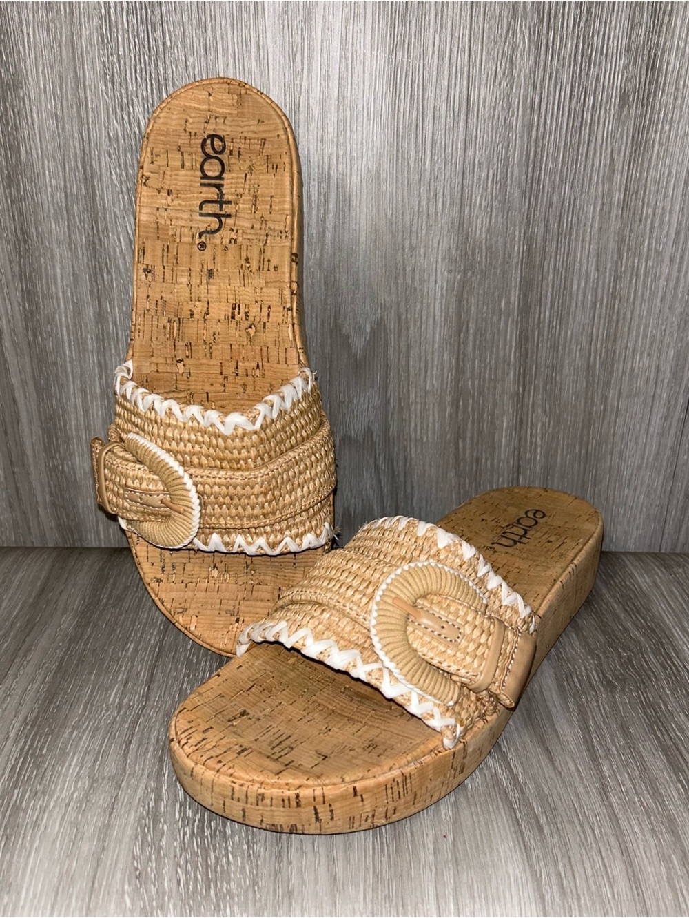 Earth Sandy One Band Platform Wedge Sandal Tan Woven Buckle Slide Clog 10M